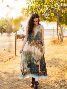 Scenic Green Maxi Dress with Nature Print